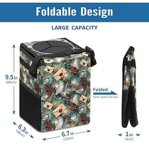 Halloween Wizard Owl Magic Car Trash Can with Lid Collapsible Reusable Waterproof Car Garage Bag,Automotive Garbage Can,Car Accessories Interior Car Organizer