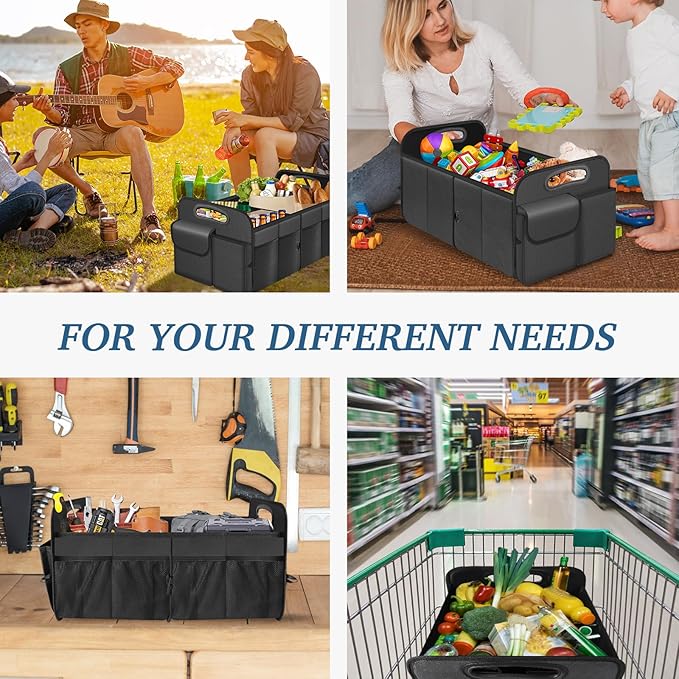 Trunk Organizer, Collapsible Waterproof Multi-Compartment Trunk Organizer for SUVs & Sedans, Car Storage with Reinforced Handles, Car Accessories for Women and Men, 52L