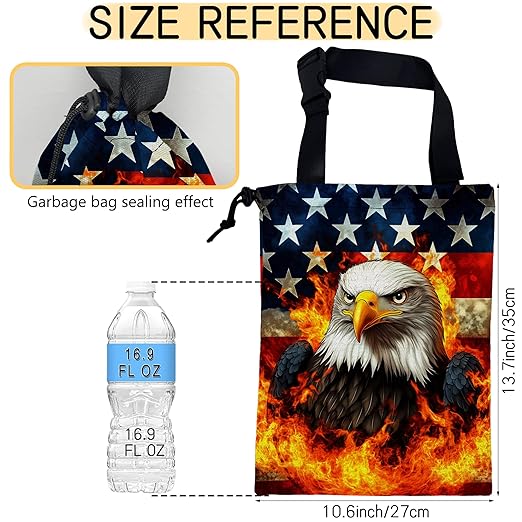 Bald Eagle with American Flag Car Garbage Bag, Small Car Trash Bag Hanging Back of Seat,Drawstring Car Trash Bag with Adjustable Buckle,Car Accessories for Camping Travelling