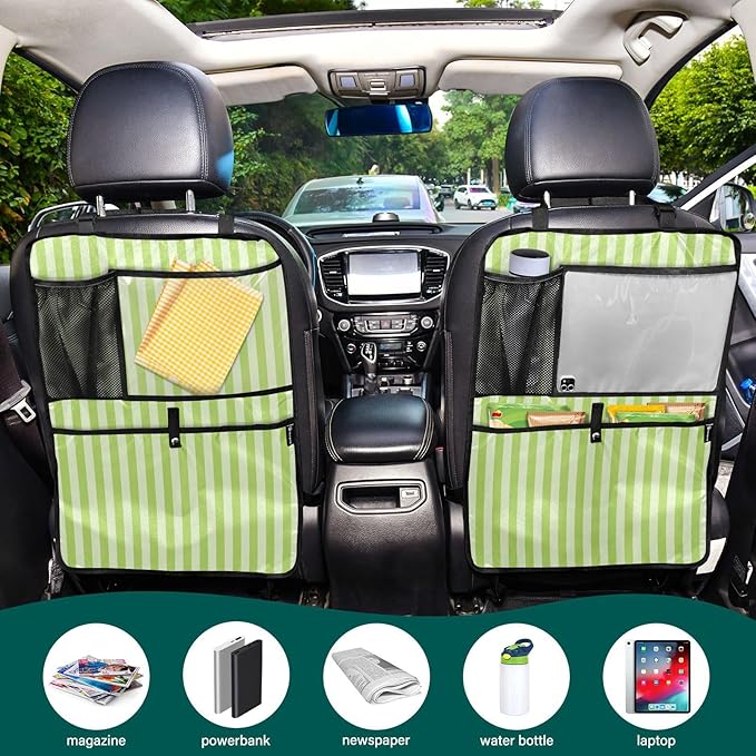 1 Pack Backseat Car Organizer with Storage Pockets Seat Back Organizers for Kids Kick Mats Backseat Protector Automotive Stripes Light Green