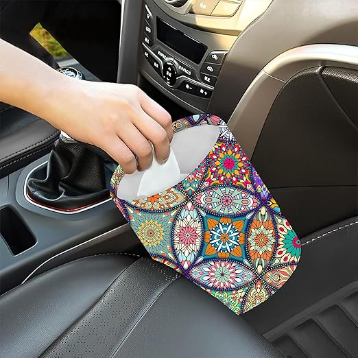 Car Trash Bag Vintage Mandala Floral Waterproof Trash Small Car Can Portable Collapsible Car Garbage Can Hanging for Back Seat Floor or Hanging Headrest Car Decor Road Trip Essentials