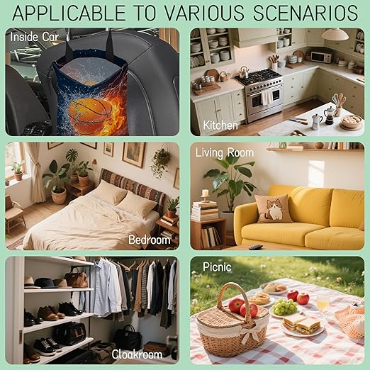 Basketball Car Trash Bag,Fire Ball Hanging Drawstring Car Garbage Bag,Waterproof Canvas Car Back Seat Organizer with Adjustable Buckle,for Vehicles,SUVs,Camping,Road Trips