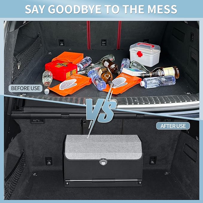 Car Trunk Organizer, Leather Trunk Organizer with Push-pull Handle and Lid Car Trunk Storage Organizer for SUV, Minivan, Truck (Grey, 20.47 x 11.42 x 12.2in)