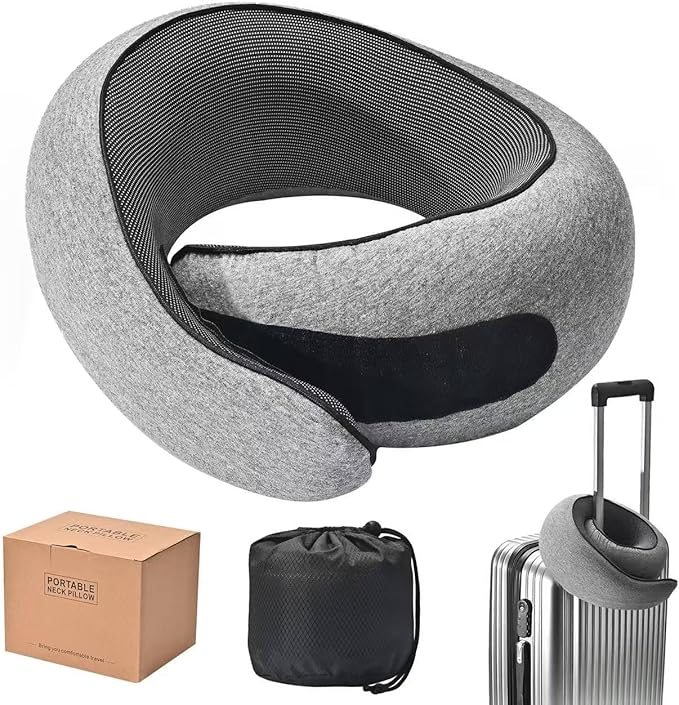 Travel Neck Pillow for Airplanes - 100% Memory Foam, 360° Head Support, Breathable & Removable and Washable, Compact for Travel, Car & Flights - Grey