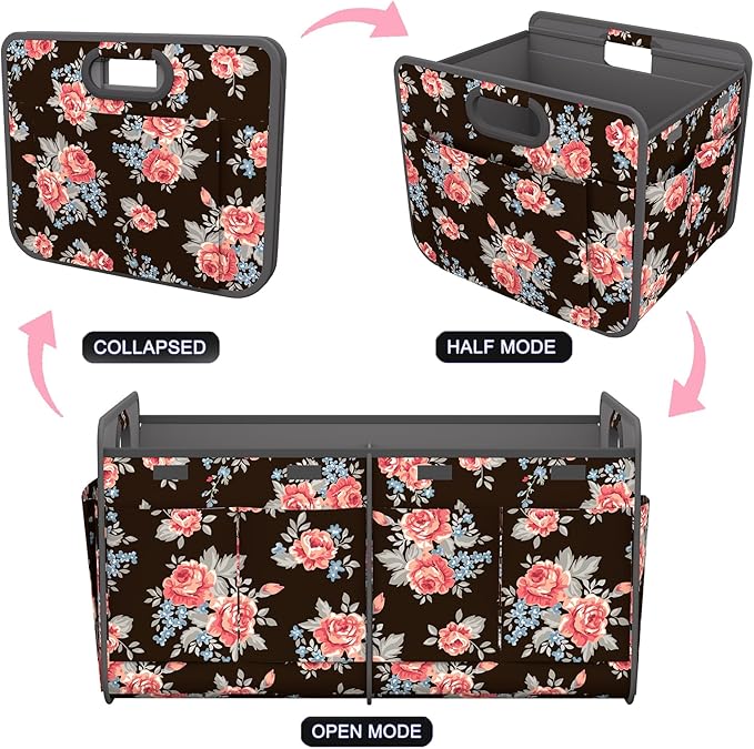 Homeve Trunk Organizer, Car Storage, Reinforced Handles, Collapsible Multi-Compartment Car Organizers, Foldable, Waterproof, 600D Oxford Polyester (Peony, 2 Compart)