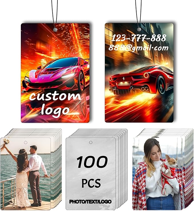 100Pcs Custom Logo Car Bulk Air Fresheners, Double-Sided Custom Air Fresheners with Picture, Personalized Air Freshener for Car, Suitable for Custom Gifts for Branding Business Events (Rectangle)