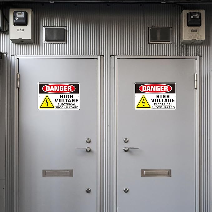 Danger High Voltage Sign, (2 Pack) Self Adhesive Aluminum Metal Electrial Shock Hazard Signs for Indoor Outdoor Use, Rust Free and Reflective Sticker (9 x 6 inches, Black/White)
