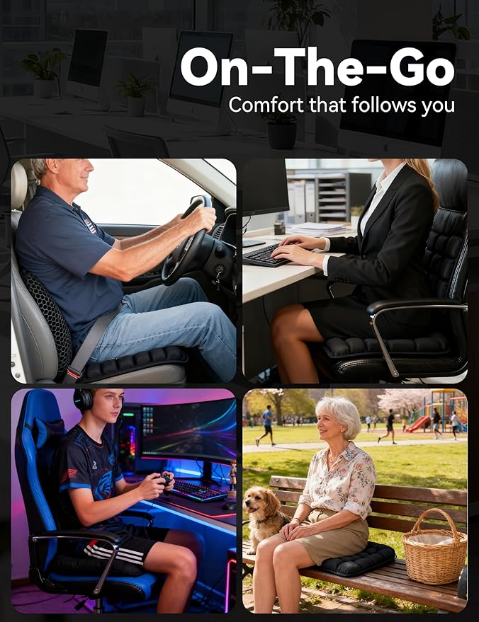 Inflatable 3D Travel Cushion for Airplane, Tailbone Pain Relief Seat Pad with Ergonomic Support, Anti-Slip Bottom, Built-in Pump & Carry Bag for Travel/Office/Car – 36 Air Cells, Green