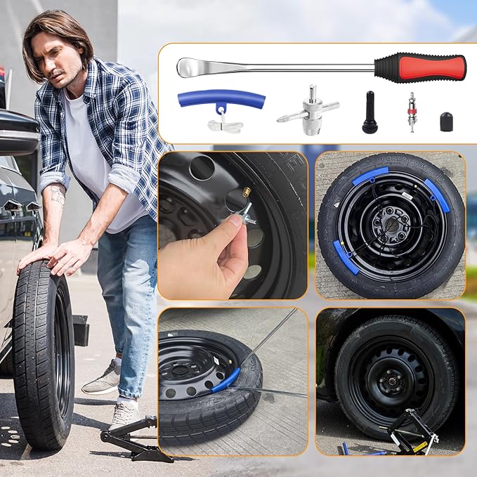 11.5" Tire Spoon Kit, 26pcs Tire Changing Tool for Motorcycle Dirt Bike Lawn Tractor Bicycle, Motorcycle Tire Changer Tire Removal Tool with 3pcs Rim Covers 6pcs Valve Tool Valve Cores(Red)