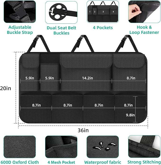 Car Trunk Organizer with 8 Pockets, Large Capacity Storage for SUV/MPV/Truck, Sturdy 36" 20"