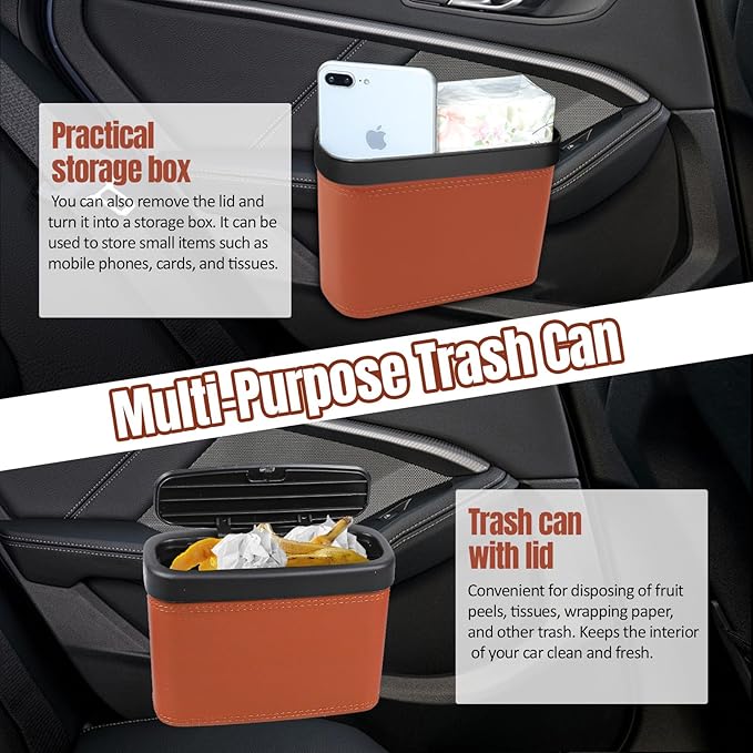 Wuyaoyao Car Trash Can with Lid, Leather Automotive Trash Bin with Garbage Bags, Leakproof Cars Door Hanging Garbage Can, Mini Multi-Purpose Vehicle Storage Organizer, Interior Car Accessories (Brown)