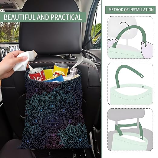 Cute Car Trash Can, Hanging Canvas Car Back Seat Organizer and Storage Bag, Funny Car Trash Bag For Travelling, Outdoor Mandala Dark Pattern