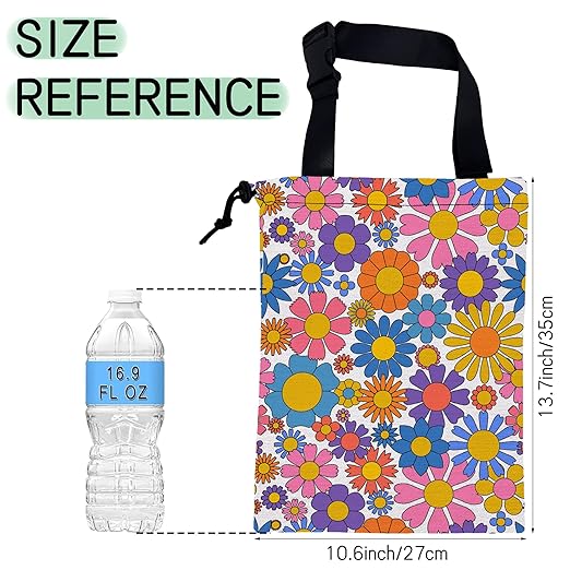 Groovy Flower Car Trash Bag,Retro Daisy Hanging Drawstring Car Garbage Bag,Waterproof Canvas Car Back Seat Organizer with Adjustable Buckle,for Vehicles,SUVs,Camping,Road Trips