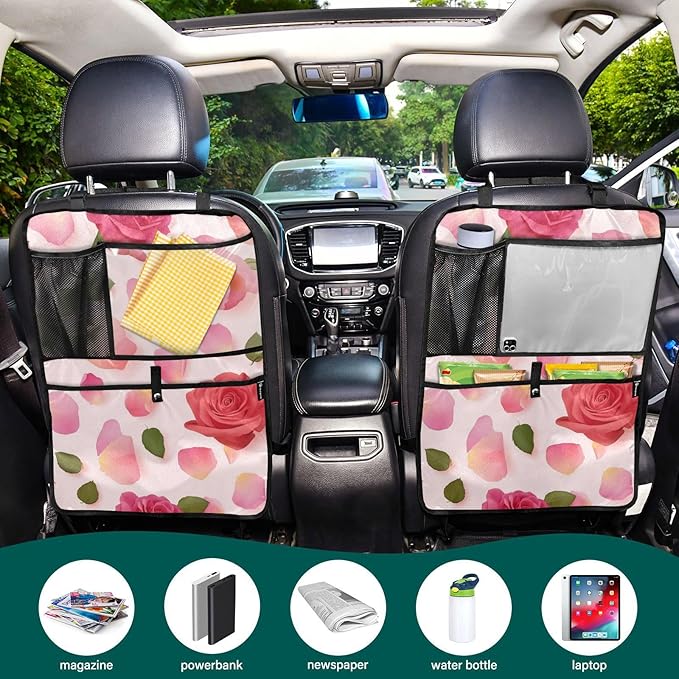 Pink Yellow Rose 2 Pack Backseat Car Organizer with Storage Pockets Seat Back Organizers for Kids Kick Mats Backseat Protector Automotive