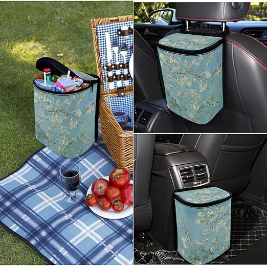 1.2 Gallons Mini Trash Can for Car, Almond Blossoms in Bloom Auto Trash Bag for Car, Adjustable Hanging for Tail of Console/Back of Seats, Odor-Free with Zipper Leak-Proof Lid Design Washable