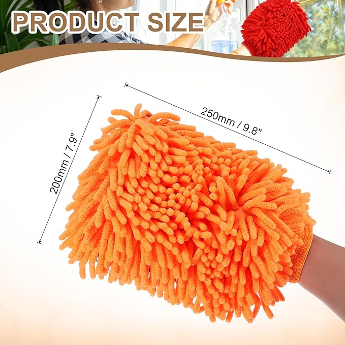 HARFINGTON Chenille Microfiber Car Wash Mitts 9.8" x 7.9" Scratch Free Wash Gloves Absorbent Double Sided Plush Cleaning Drying Mitts for Car Washing Home Clean, Orange