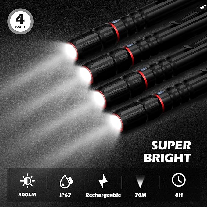 FORTO Rechargeable Pen Light Flashlight, 400 Lumens Small Pocket Flashlight with Clip, IP67 Waterproof, 2 Light Modes, 3-Color Battery Indicator, Type-C Charging, for Inspection,Emergency（4 Pack）