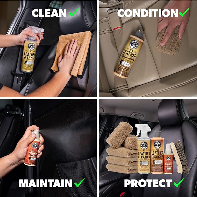 Chemical Guys Leather Cleaner and Conditioner Detailing Kit - Leather Care Kit For Natural, Synthetic, Faux, Pleather, and More for Car Interiors, Apparel, Furniture, Boots & Accessories - 9 Items