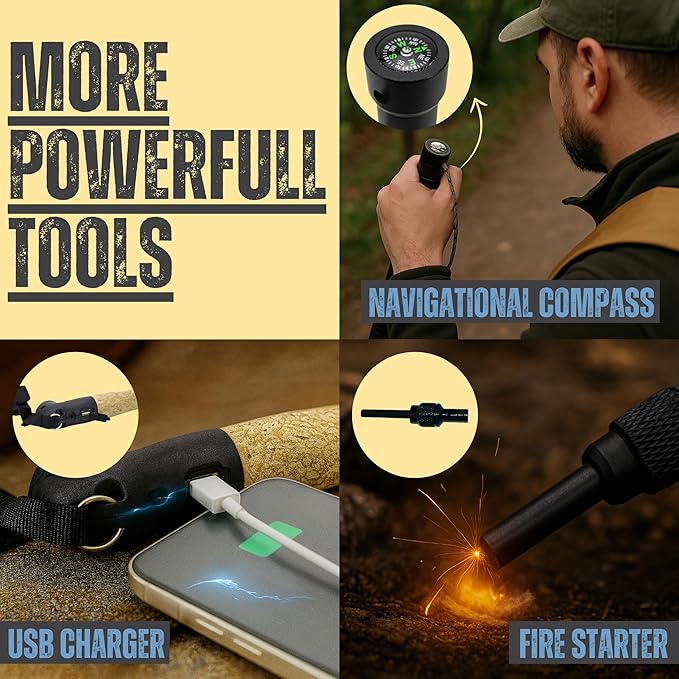 Collapsible Tactical Walking Stick with LED Light, USB Charging, Cork Grip, and Survival Tools – Aircraft Aluminum Trekking Pole for Hiking, Camping, Outdoors & Self Defense