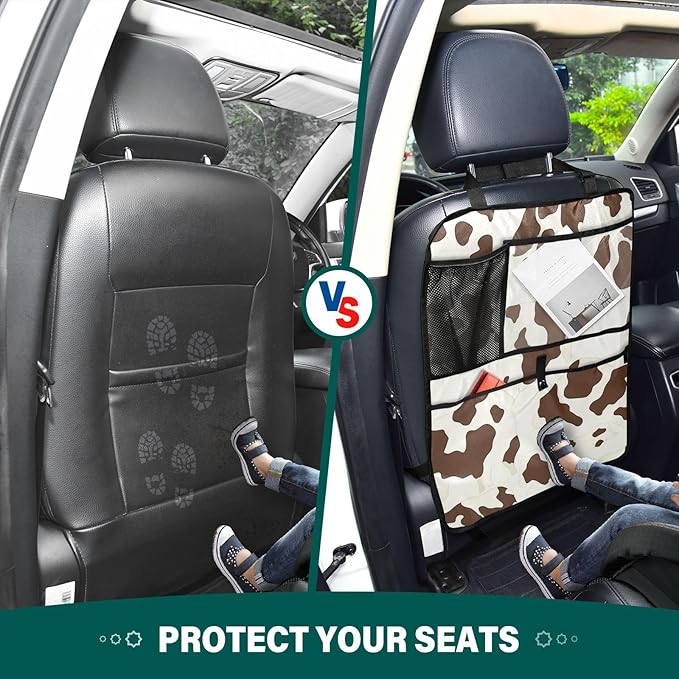 Brown Cow Print 1 Pack Backseat Car Organizer with Storage Pockets Seat Back Organizers for Kids Kick Mats Backseat Protector Automotive