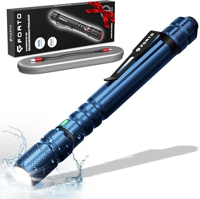 FORTO Rechargeable Pen Light Flashlight, 400 Lumens Small Pocket Flashlight with Clip, IP67 Waterproof, 2 Light Modes, 3-Color Battery Indicator, Type-C Charging, for Inspection,Emergency (Blue)