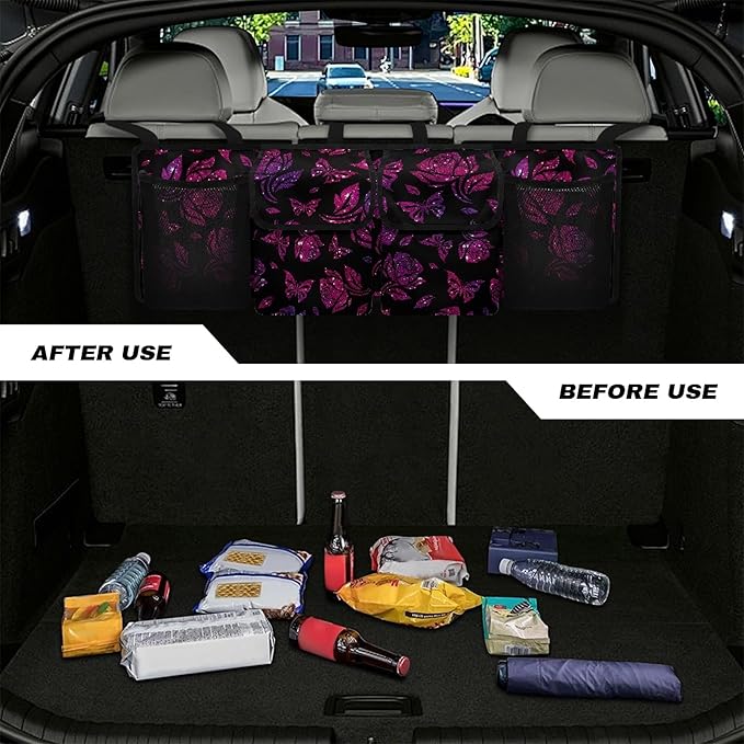 CLOHOMIN Butterfly Car Trunk Organizers for Women Rose Car Storage Organizer for SUV Truck Sedan Novelty Car Trunk Tool Organizer with 4 Pockets Auto Storage Accessories