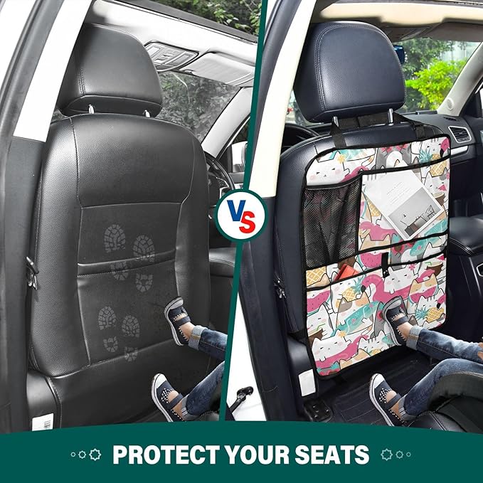 2 Pack Backseat Car Organizer with Storage Pockets Seat Back Organizers for Kids Kick Mats Backseat Protector Automotive Funny Cats Summer