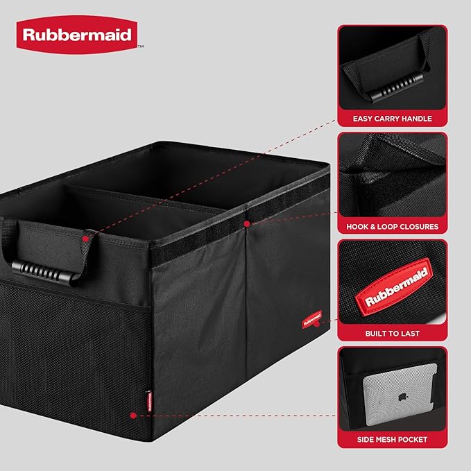 Rubbermaid Car Organizer, Collapsible Trunk Organizer, Multi-Compartment Car Storage Organization for Car Accessories, 2 Compartments With Cover, 21.65"*14.17"*12.2"