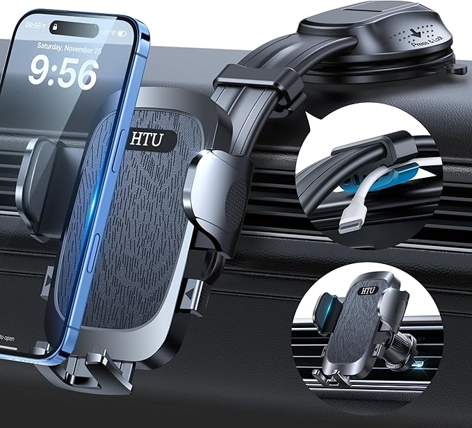 HTU Upgraded Strongest Suction Car Phone Holder Bendable Arm, Never Block View Rotatable Cellphone Mount for Dashboard Windshield Vent, Cradle Stand for iPhone 17 16 15 14 13 12 Pro Max (Black)