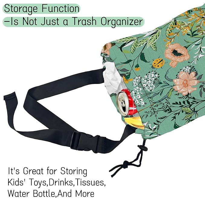 Blooming Flower Car Trash Bag,Garden Floral Hanging Drawstring Car Garbage Bag,Waterproof Canvas Car Back Seat Organizer with Adjustable Buckle,for Vehicles,SUVs,Camping,Road Trips