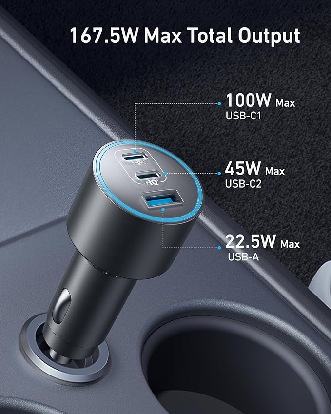 Anker iPhone 17 USB-C Car Charger, 167.5W Max 3-Port Ultra-Compact Type-C Fast Car Charger for MacBook Pro/Air, iPhone 17/16/15 Series, Samsung S24/S23, iPad Pro, AirPods and More