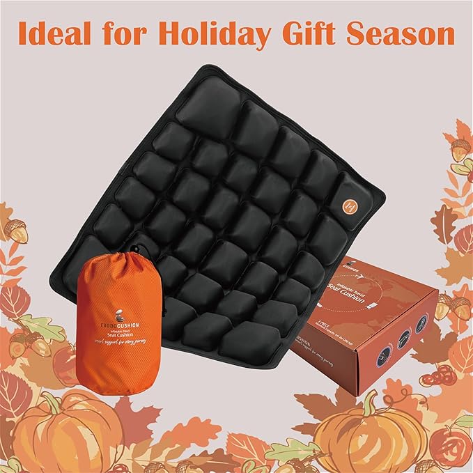 Inflatable Seat Cushion for Airplane & Travel – Portable Inflatable Pad with Built-in Pump, Adjustable Firmness, Tailbone & Back Pain Support, Carry Bag Included