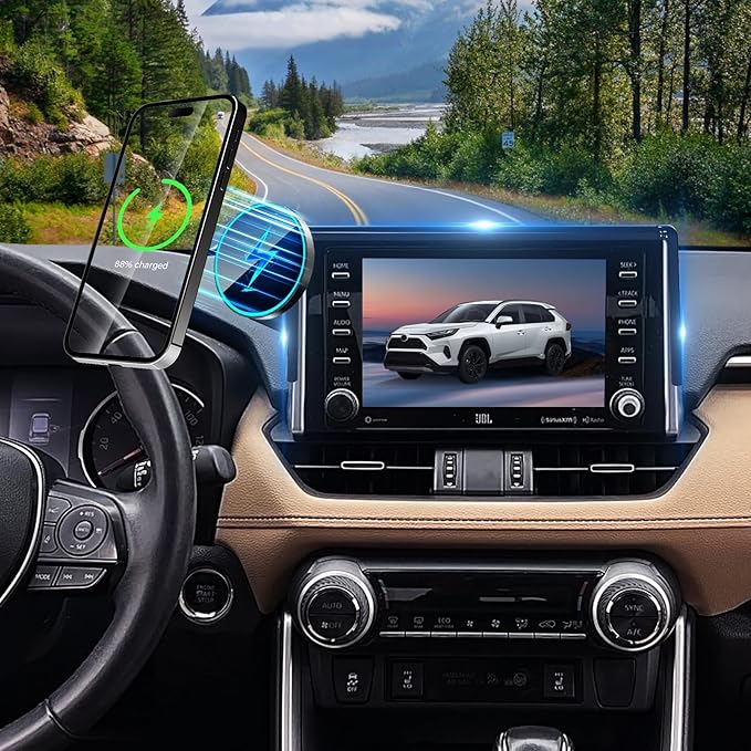 Phone Mount for Toyota RAV4 2019-2025 Accessories 7/8-Inch Screen, Car Magnetic Phone Holder Compatible with MagSafe, Strong Magnets Fast Wireless Charger Cell Phone Base (Not Fit 9/10.5-inch Screen)