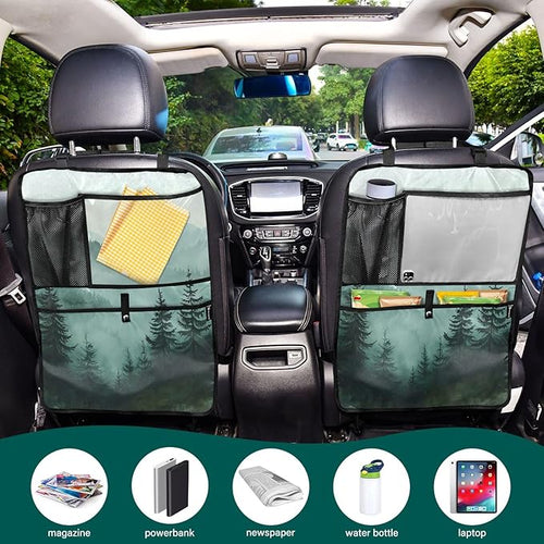 1 Pack Back Seat Car Organizer with Storage Pockets Kick Mats Back Seat Protector Hanging Car Organizer Automotive Seat Back Cover Organizers Green Mountains and Pine Trees
