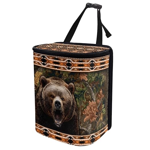 Southwest Aztec Tribal Bear Car Garbage Can with Adjustable Straps Zip Closure Car Trash Bin Multipurpose Storage Box for Travel Camping Picnicing
