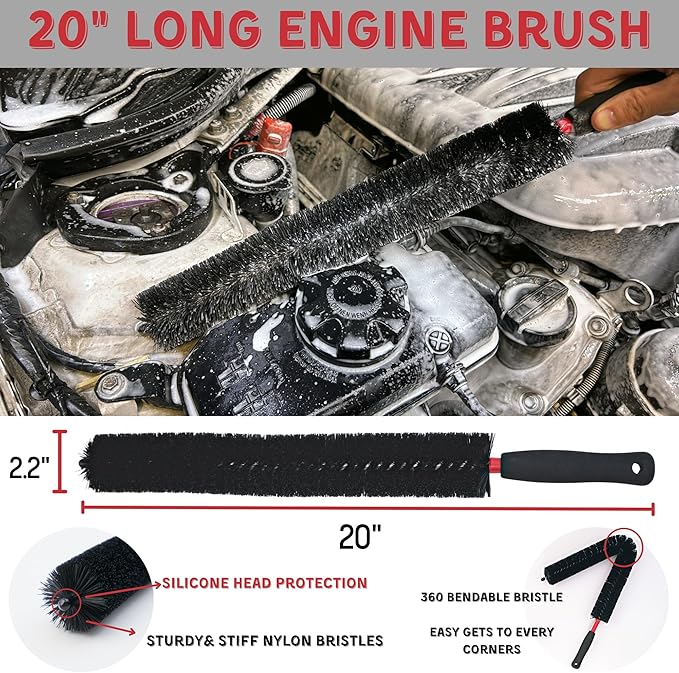 7PACK Car Engine Bay Details Cleaning Kit, Soft-bristled Engine Surface Brush,Long&Slim Bendable Brush, Edgeless Drying Towel,Finger Microfiber Applicator, Deep Cleans Engine Bay Hard to Reach Place