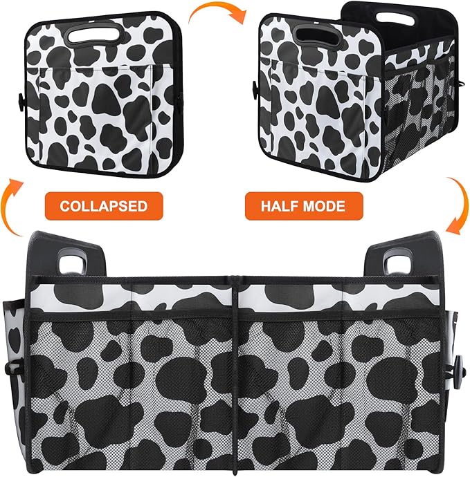 Trunk Organizer for Car, 72L Collapsible Waterproof Car Organizers and Storage, Car Accessories for Women and Men, Multi-Compartment Storage Organizer for SUV, Cow Print