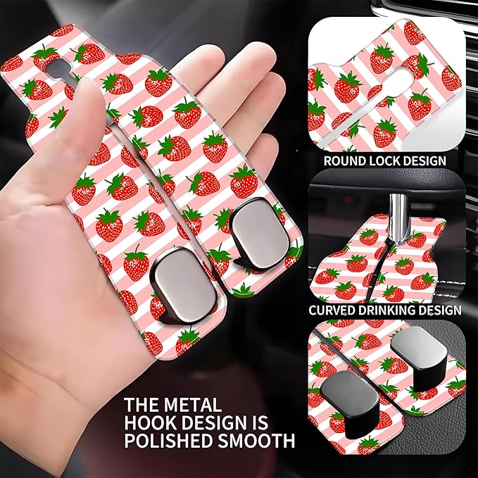 1 Pack Car Seat Headrest Hooks for Purses and Bags Watercolor Pink Strawberry Striped Bag Purse Holder for Car with Double Metal Hooks Car Purse Hanger Hanging Accessories