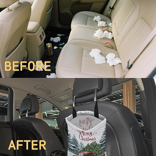 Vintage Red Truck Car Trash Bag,Green Fir Tree Hanging Drawstring Car Garbage Bag,Canvas Car Back Seat Organizer with Adjustable Buckle for Men and Women