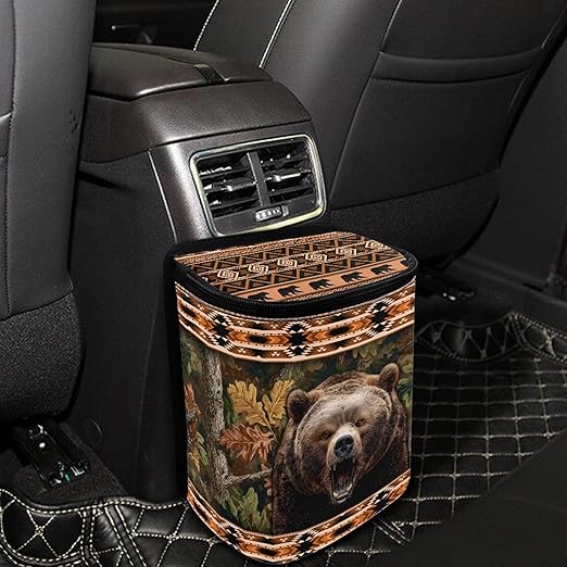 Southwest Aztec Tribal Bear Car Garbage Can with Adjustable Straps Zip Closure Car Trash Bin Multipurpose Storage Box for Travel Camping Picnicing