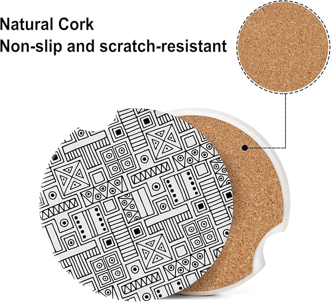 Black White Tribal Striped Ceramic Car Coaster for Cup Holders - 2.56 Inch Anti-Slip Cork Base - 2Pcs Auto Accessories for Women Men