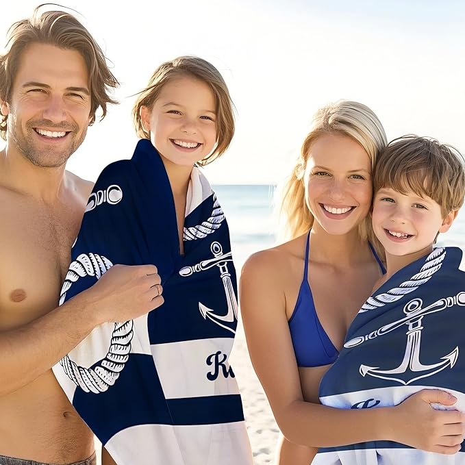 JML Personalized Beach Towel with Name, Custom Anchor Beach Towel, Customized Microfiber Pool Towel, Quick Dry & Absorbent Swim Towel for Adult,Mother's Day, Birthday, Summer Holiday,Vacation