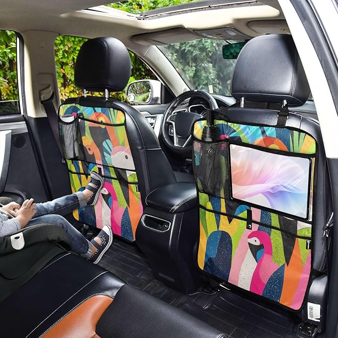 Pop Art Parrot Flamingo 2 Pack Backseat Car Organizer with Storage Pockets Seat Back Organizers for Kids Kick Mats Backseat Protector Automotive