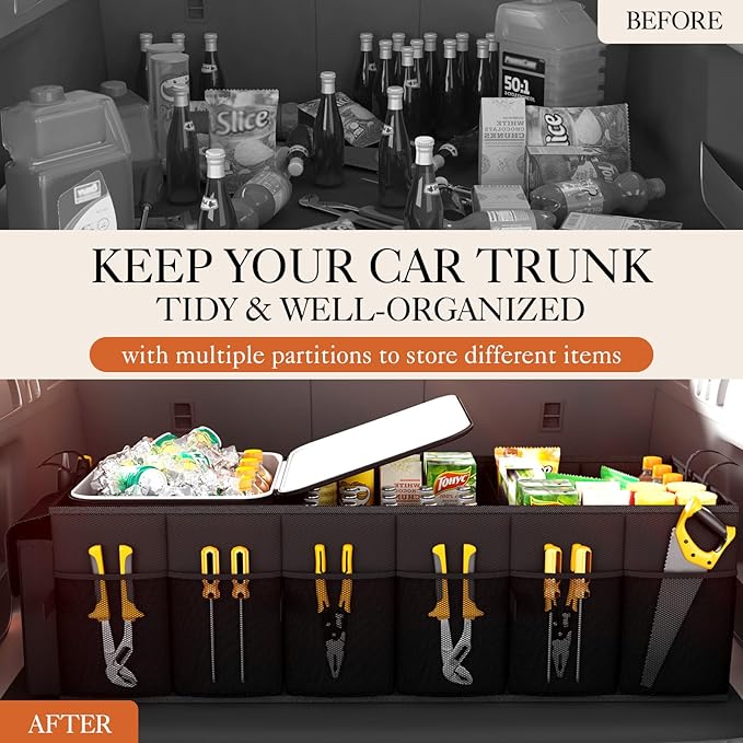 HOTOR Trunk Organizer, Sturdy Foldable with Cooler for Car & SUV, 3 Compartments, Black, 30.90”×12.60”×10.63”