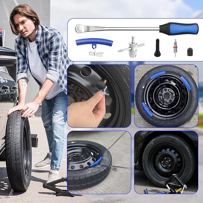 11.5" Tire Spoon Kit, 26pcs Tire Changing Tool for Motorcycle Dirt Bike Lawn Tractor Bicycle, Motorcycle Tire Changer Tire Removal Tool with 3pcs Rim Covers 6pcs Valve Tool Valve Cores(Blue)