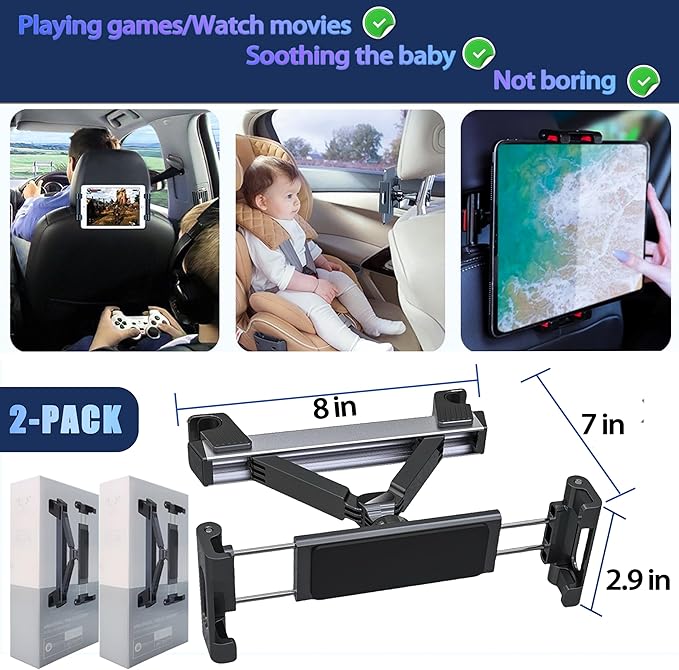 2026 Car Headrest Tablet Holder (2 Pack), Car iPad Holder for Kids, Scalable Tablet Mount for Backseat, for iPad Pro Fire HD and more, for Most Tablets/Phones, Fits Larger Tablets [Upgrade -Black]