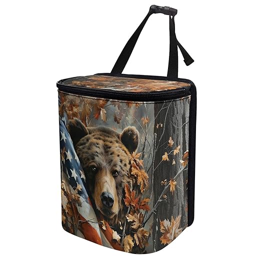 Camo Bear Car Trash Can Leak-Proof Car Trash Bin American Flag Collapsible Portable Auto Garbage Bag Large Capacity Trashcan Storage Bag Organizer