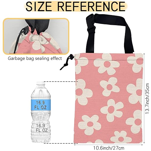 Pink Groovy Flowers Car Garbage Bag, Small Car Trash Bag Hanging,Drawstring Car Garbage Bag with Adjustable Buckle for Car Back Seat,SUVs,Camping,Road Trips