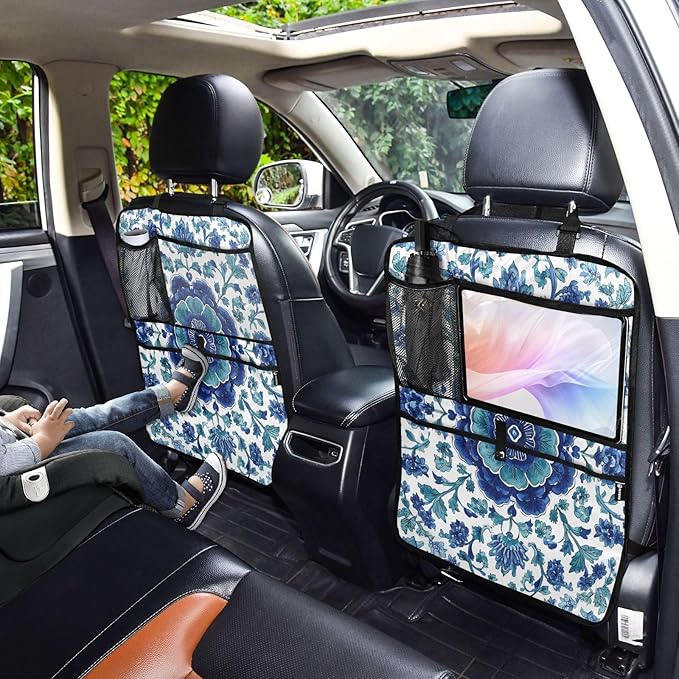 1 Pack Back Seat Car Organizer with Storage Pockets Kick Mats Back Seat Protector Hanging Car Organizer Automotive Seat Back Cover Organizers Floral Blue and White Vine
