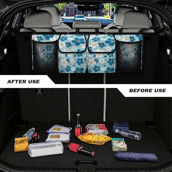 CLOHOMIN Flower Car Trunk Organizers for Women Blue Back Seat Storage Bag with 4 Pockets Fashion Trunk Organizer for SUV Truck Sedan Hanging Car Interior Accessories